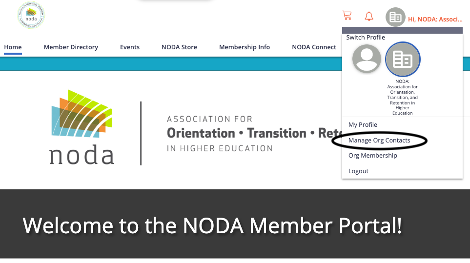 NODA Member Portal homepage with the profile menu open. The Manage Org Contacts option is highlighted with a black circle.