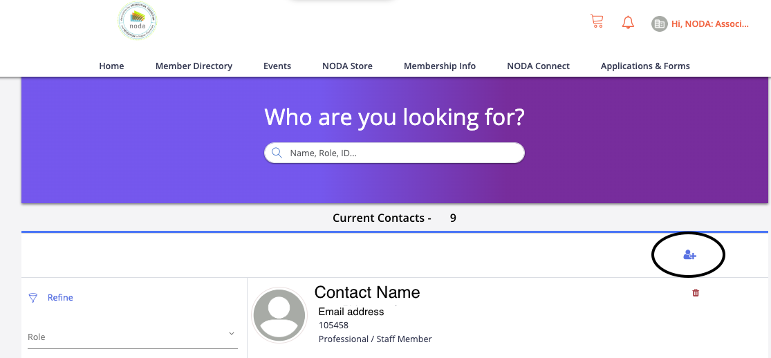 NODA Member Directory page showing a list of current contacts. An add-contact icon on the right side of the page is highlighted with a black circle.