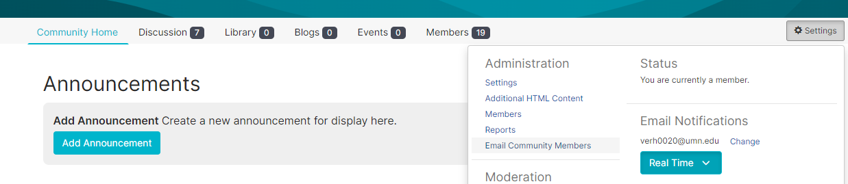 A settings panel on the right of the community homepage shows an email community members under the Administration header