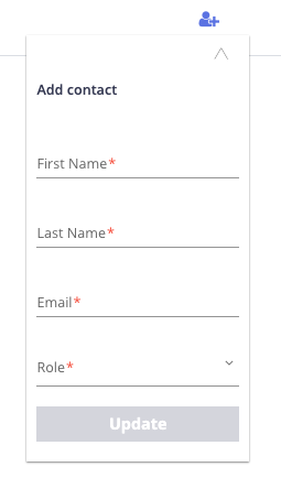 Add Contact form with required fields for First Name, Last Name, Email, and Role. The form includes an Update button at the bottom.