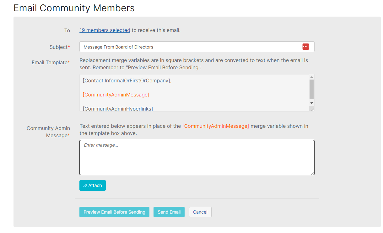 Email Community Members page displaying a form for sending a message to selected community members.