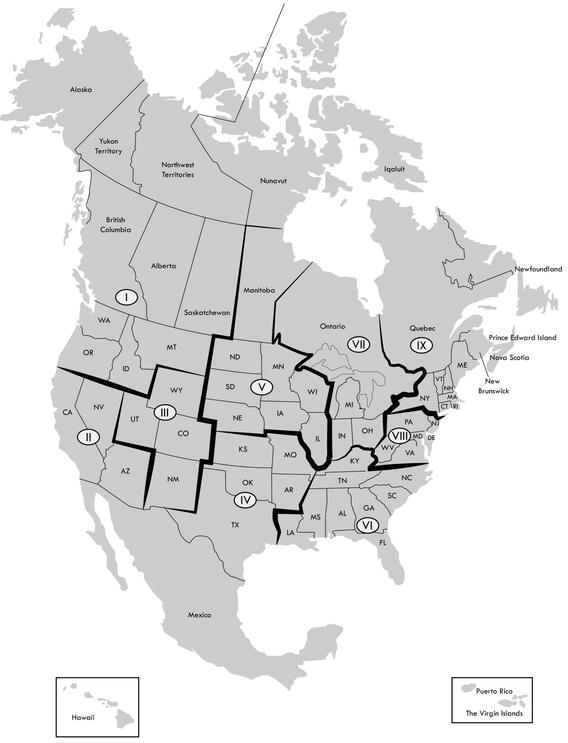 Map of the United Sates and Canada seperated by region