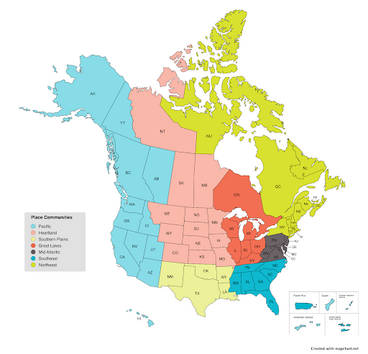 Map of United States and Canada color codded by place communities
